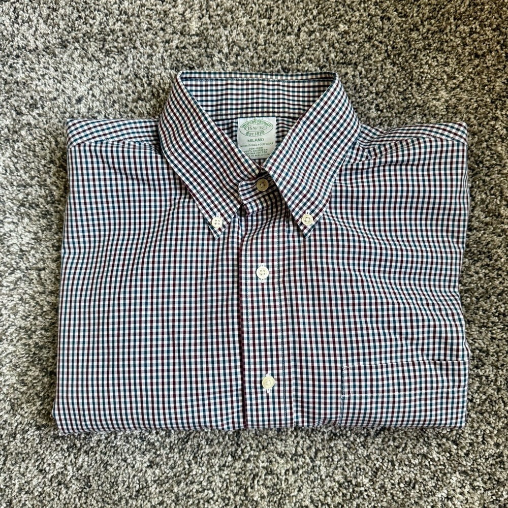 Brooks Brothers Men's Checkered Shirt - Navy and Burgundy